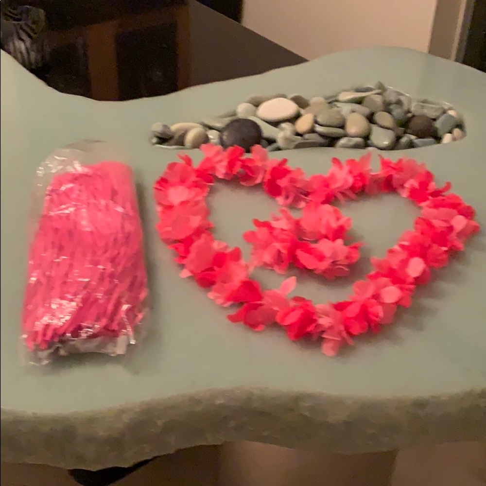 Hawaiian pink grass skirt w/ flower necklace/cuff